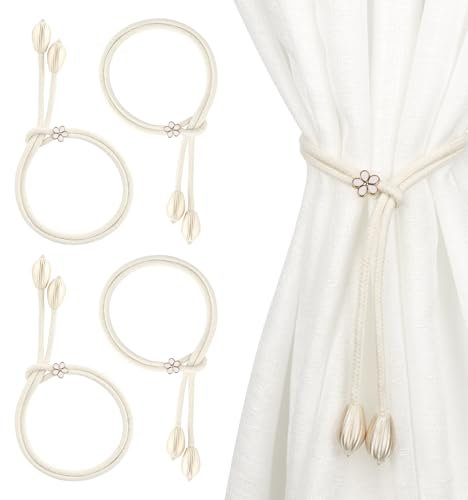 4 Stück Vorhang Raffhalter, Raffhalter für Vorhänge, Handgewebte Baumwolle Gardinenhalter, Vorhang Halter, Beige Gardinen Raffhalter, Vorhanghalter für Schlafzimmer, Büro und Wohnzimmer