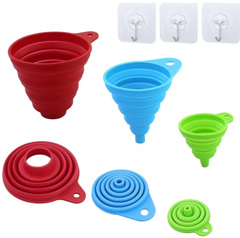 Set di 3 imbuti in silicone, imbuto pieghevole in silicone, imbuto portatile, imbuto pieghevole per trasferimento di liquidi in cucina (piccolo/medio/grande) con 3 ganci