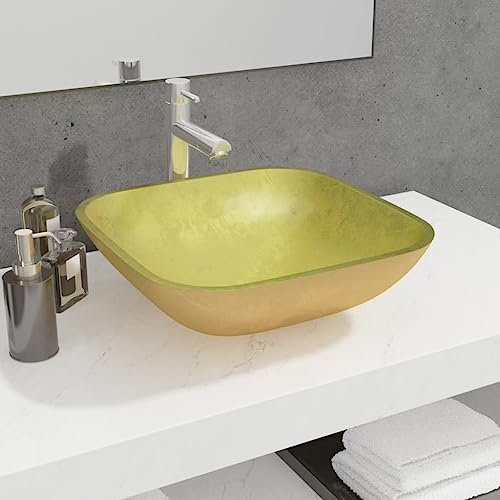 Vasque à Poser Salle de Bain Maison Lavabo carré Évier Lave-Mains de Salle d'eau Vasque a Poser en Verre 42x42x14 cm Doré