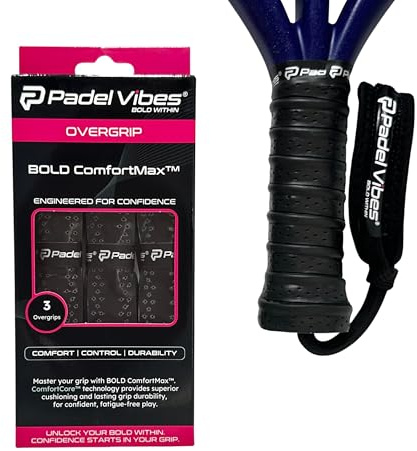 Padel Vibes® BOLD ComfortMax™ Surgrip | Surgrips perforés et ergonomiques pour padel, tennis, badminton, squash, raquetball | Absorbant la transpiration, antidérapant, durable (noir | Lot de 3)