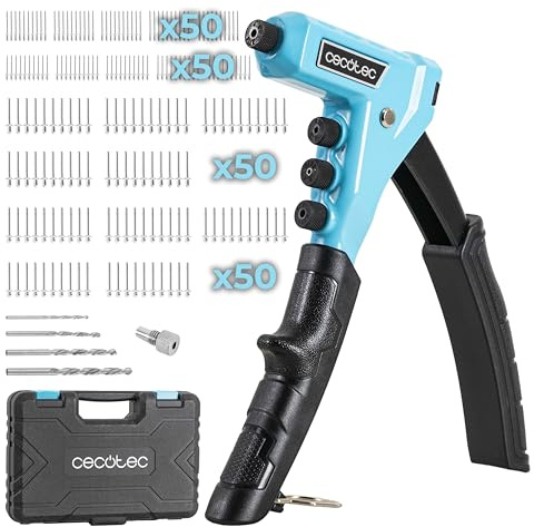 Cecotec Remachadora Manual FixerForce 4000 Full Equip. Ajuste sin Llave, Incluye 200 Remaches, 4 Boquillas de Diferentes Tamaños (2.4, 3.2, 4, 4.8 mm) y 4 Brocas y Maletín
