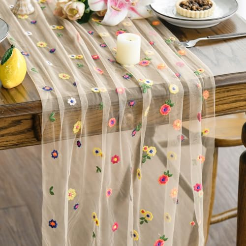 Artoid Mode Camino de mesa de tul bordado flores gasa primavera 70 x 300 cm, verano cocina mesa decoración interior vacaciones fiesta decoración