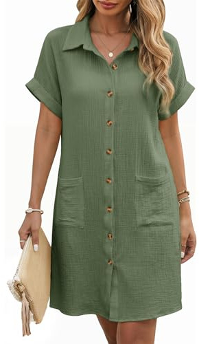 PASUDA Abito Estivo Donna Vestiti Camicia con Bottoni Vestito Scollo a V Maniche Corte Casual Elegante Abiti Comodo Cotton Larghi Copricostume Spiaggia Mare con Tasche(Verde,M)