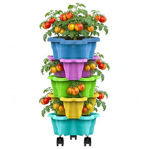 Pflanzturm 5er Set Stapelbar | Stapelbarer Blumentopf Mit Sicherer Entwässerung | Wetterfest Gemüsetöpfe Für Den Innen- Und Außenbereich | Für Geeignet Als Erdbeerturm Kartoffelturm & Kräuterturm