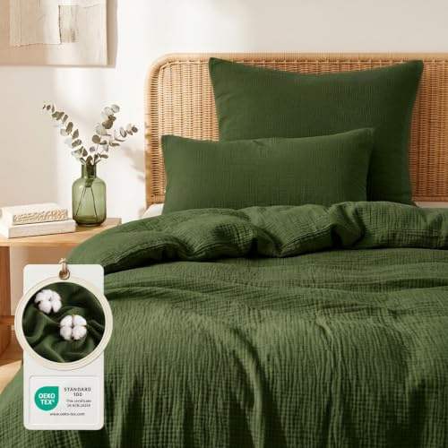 Aisbo Musselin sängkläder 155 x 220 2 delar olivgrön, 100 % bomull Oeko-TEX® | Påslakan och örngott 80 x 80 cm med dragkedja, mjuka, andas, lätta sommarsängkläder