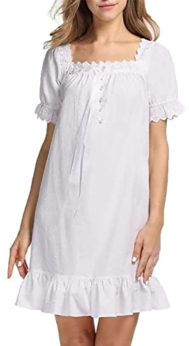 QIKEGooods 100% Cotton Victorian Nightgown Short-Sleeve women Nightdress Pajamas Sleep Shirt