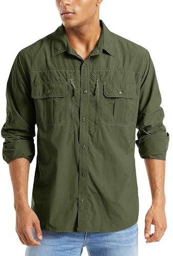 MAGCOMSEN Tactical Shirts for Men Fishing Shirts for Men Long Sleeve Shirt for Hiking Shirt Work Shirt Army Green XL