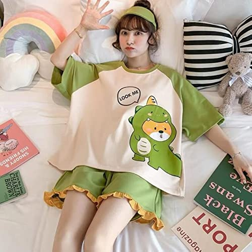 Yujun Ensemble Femme 2 pièces Costume Pyjama Anime Mignon Kawaii Chemises d'été à Manches Courtes Maison Chemises de Nuit vêtements de Nuit Minces Grande Taille Lingerie