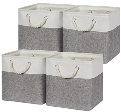 Temary Fabric Storage Baskets for Organizing, Grey Basket for Shelves, Collapsible Baskets with Handles for Shelves, Nursery, Closet (White&Gray)