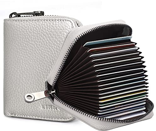 Goopai RFID 20 Card Slots Credit Card Holder Genuine Leather Accordion Card Case Small Wallet for Women or Men with Zipper (Silver)