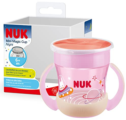 NUK Mini Magic Cup Night Trinklernbecher | 6+ Monate | 160 ml | 360° Auslaufschutz-Rand | Leuchtet im Dunkeln | Leicht zu greifende Griffe | BPA-frei & waschbar | Pink