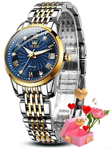 OLEVS Damen-Automatikuhr, Diamant, mechanisch, selbstaufziehend, modisch, elegant, Armbanduhr, leuchtend, wasserdicht, Edelstahl, 6630: zweifarbiges Band und blaues Zifferblatt, Automatische Uhr