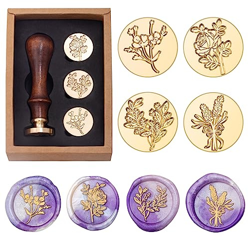 Flower and Plant Wax Seal Stamp Set, Botanical Sealing Stamper Kit, Romantic Rose Elegant Lavender Eucalyptus Leaf Cosmos Floral Pattern Brass Head for Wedding Invitation Card Envelope Planner Journal