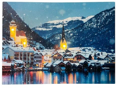 zeitzone LED Bild Weihnachten Winterlandschaft Stadt am See Leinwand Wandbild 28x38cm