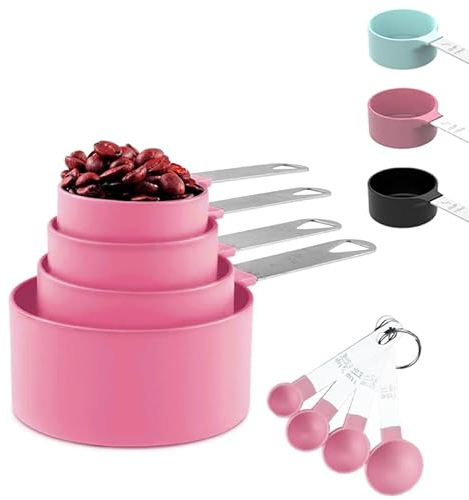 Messlöffel Set 8 Stück Kunststoff Messbecher,Messbecher Set Edelstahl für Messen Flüssigkeiten Feststoffe mit 4 Measuring Cups und 4 Löffel, Messwerkzeug von Küchen, Dosierlöffel für Backmessen Rosa