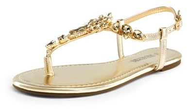 DREAM PAIRS Flat Sandals for Women Dressy Rhinestone T-Strap Thong Flat Sandals for Summers Dress Beach SDFS2405W,Size 6,GOLD,SDFS2405W