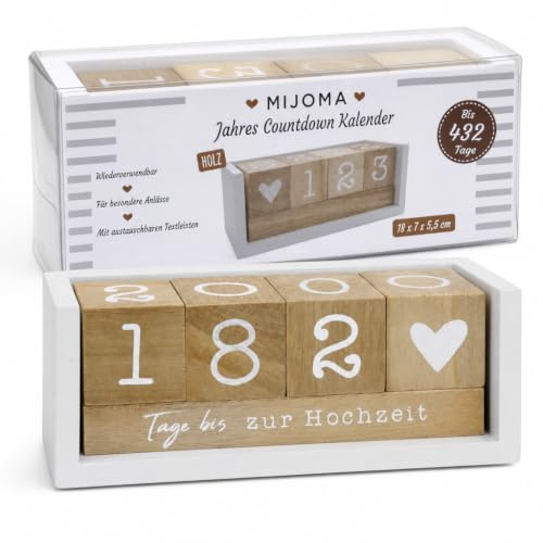 MIJOMA År nedräkningskalender av trä – permanent bordskalender med dekorativa kuber – upp till 432 dagar för speciella tillfällen (vit/natur – tysk utgåva, ca. 18 × 7 × 5,5 cm)
