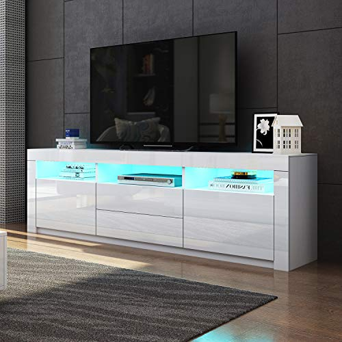 Generisch TV Schrank für Wohnzimmer, TV-Ständer Weiß Mattes Gehäuse und Hochglanzfront 2 Türen 2 Schubladen TV Lowboard 160cm mit RGB LED Licht, TS01-WH