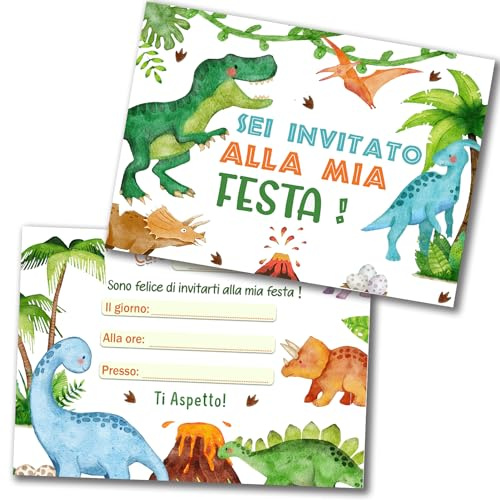 SURLIFE 32 Inviti Compleanno Bambini, Biglietti Invito per festa Bambino Gadget Compleanno Bambino, con Cartoline di Alta Qualità Patinata Opaca (Dinosauri)