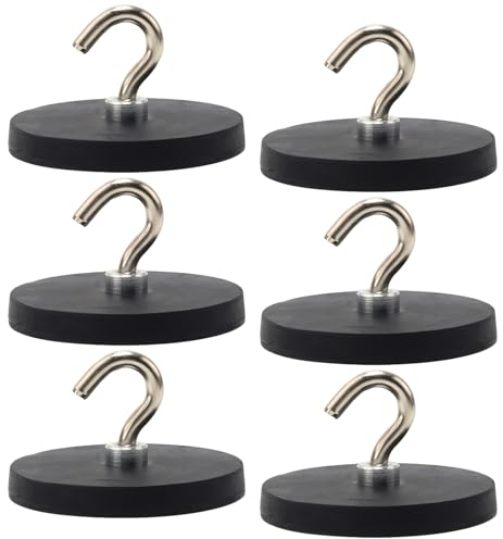 Aicharynic Lot de 6 crochets magnétiques noirs de 43 mm d'épaisseur avec crochets sans perforation - Crochets magnétiques caoutchoutés - Extra puissants - 10 kg - Pour portes en fer, réfrigérateurs,