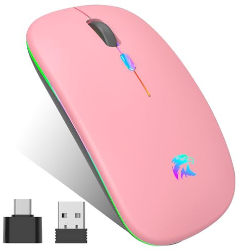 Souris Sans Fil Rechargeable, Souris Bluetooth, Souris Rétroéclairée de 7 Couleurs avec Mini récepteur USB de 2,4 GHz, Souris de jeu Bluetooth Compatible PC,Mac,Ordinateur Portable,Chromebook (Rose)