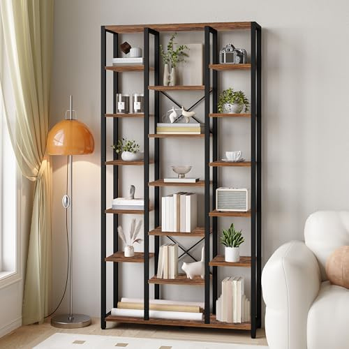 Hzuaneri Bücherregal, Standregal mit 7 Ebenen 18 Ablagen, Verstellbare offene Ablagen, für Wohnzimmer, Büro, Schlafzimmer, 30 x 100 x 202 cm, Vintagebraun-Schwarz, BC15601B