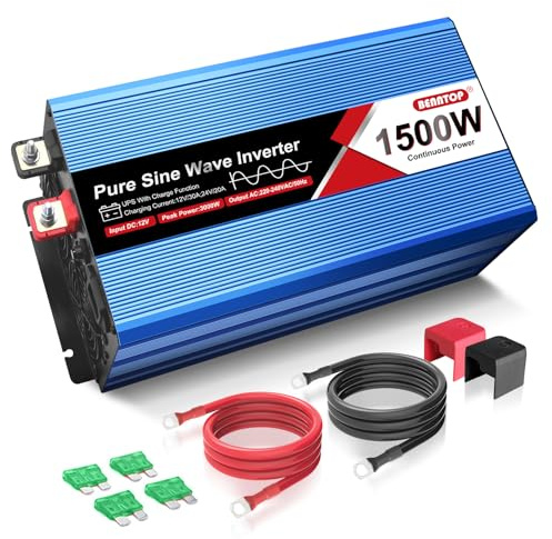 Benntop 1 500 W ren sinusvågor, spänningsomvandlare, DC 12 V till AC 230 V, billenergiinverterare med 2 EU-AC-uttag, 1 USB-port, LCD-skärm, 30 A laddningsström, för husbil och lastbil