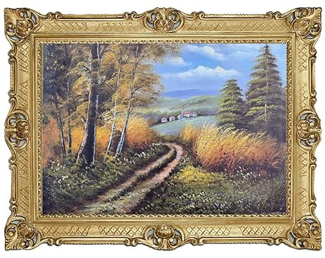 Vacker målning 90 x 70 cm konstnär R.Kinghofer vintage landskapsmålning med gulram, naturscen med tallbild bilder barockram antik repro