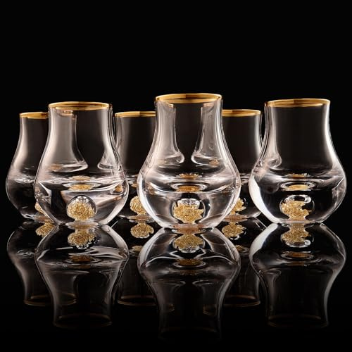DUJUST Elegante bicchierino da liquore dalle forme sinuose (45 ml), set di bicchierini da liquore in cristallo decorati con foglie d'oro 24 carati, senza BPA e senza piombo - 6 pcs