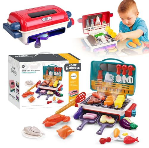 Kids Sensory Kitchen, Kids Grill Playset with Smoke Sound Light & Color-Changing Toppings, Kitchen Playset, Interactive BBQ Grill, Indoor/Outdoor Play Food Cooking Set, Christmas Birthday Gift (Blue)