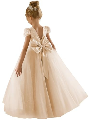 GETCUTE Champagne Sequin Flower Girl Tulle Dress for Wedding Lace Girls' First Communion Dresses Little Girl Childrens Formal Pageant Maxi Gown Champagne 06