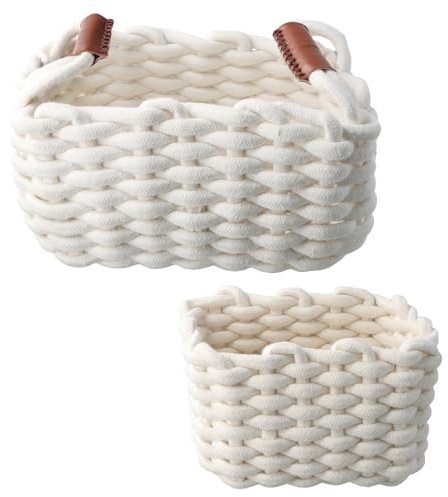 2 Piezas Cajas de Almacenaje de Cuerda de Algodón – Cesta Lavable y Plegable con Asas de Piel, Cestas Almacenaje Baño, Cestas de Pañales para Bebés