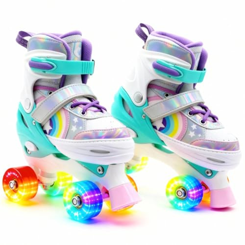 SUOTU Rollschuhe für Kinder, Robuste ABEC-7-Kugellager, 4 Größen Verstellbar, Vierrad-Rollschuhe mit Leuchtenden Rädern für Mädchen und Jungen, Drinnen und Draußen (Regenbogenfarben, M (29-32EU))