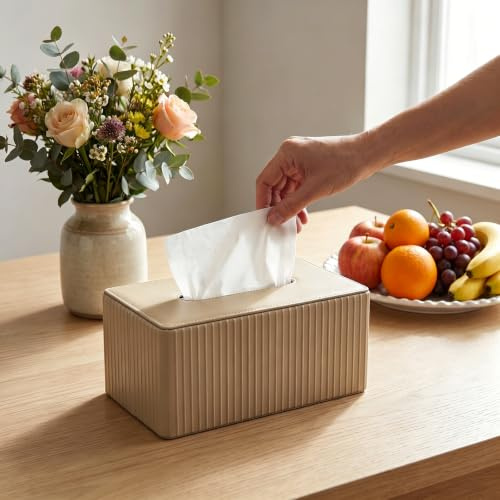 Caja de pañuelos cosméticos, caja rectangular para pañuelos decorativos | Dispensador de pañuelos de piel sintética beige (25 x 14 x 11 cm) para salón, coche, restaurante, baño y oficina
