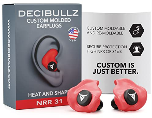 Decibullz - Custom Molded Earplugs, 31dB Highest NRR, Comfortable Hearing Protection for Shooting, Travel, Swimming, Work and Concerts (Red)