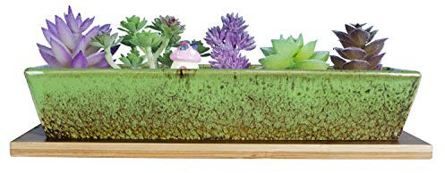 ARTKETTY Vasi per piante grasse in ceramica, 25 cm, moderni, lunghi, rettangolari, con vassoio, per cactus e bonsai, con drenaggio, per interni ed esterni, decorazione per la casa (verde)