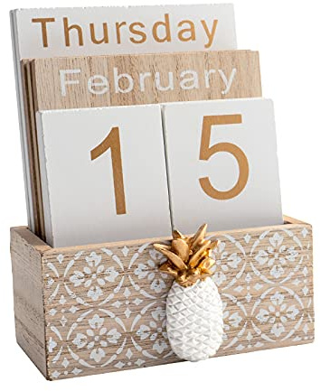Notakia Calendario perpetuo de bloque de madera vintage, con visualización de fecha y mes para el hogar, oficina, escritorio, decoración rústica, piña marrón
