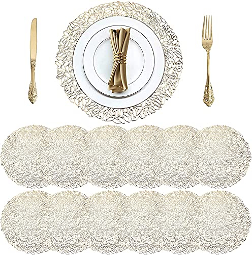 Cedilis 12 Pack 38 cm Round Pressed Vinyl Placemats, Non-Slip, Washable Gold Place Mats, Christmas Wedding Accent Centerpiece Placemat for Dining Table Kitchen Decor