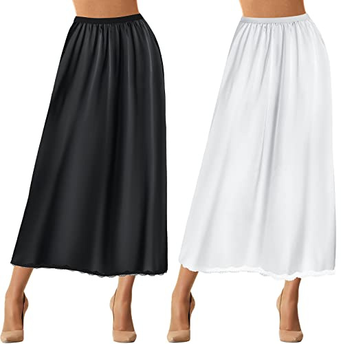 Jiuguva 2 Pieces Half Slip Lace Long Underskirt Women's Satin Half Slip for Under Dresses(Medium,Black, White)