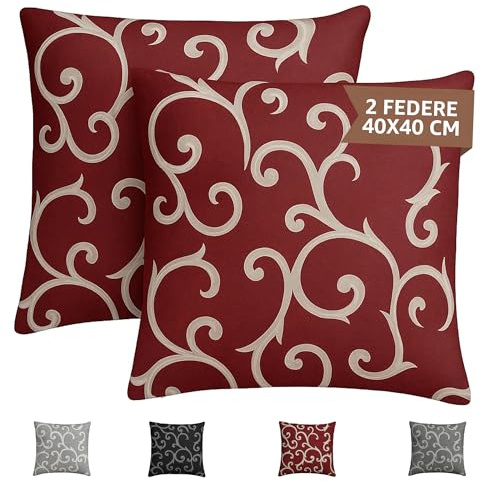 Generico SONIT – Federe Divano 40x40 cm Ghirigori Rosso, Set 2 Pezzi con Cerniera a Scomparsa, Fodere Decorative Arredo Casa Made in Italy, Copri Cuscino per Divano e Letto Lavabili.