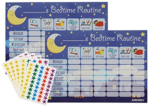 Amonev Lot de 2 tableaux bleus Amonev pour l'heure du coucher,Tableau de récompense pour l'entraînement du sommeil, filles, tout-petits et jeunes enfants avec 225 étoiles autocollants inclus