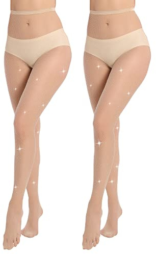 MANZI Women Fishnet Tights, Sparkly Rhinestones and Diamond Mesh Stockings, Glitter Tights for Women 2 Pairs Natual Nude