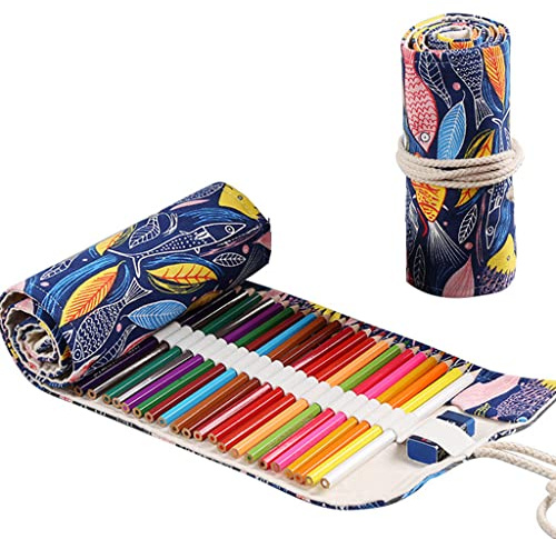 Ouceanwin 72 Trous Toile Trousse à Enrouler Sac à Crayon Rouleaux, Portable Pochette de Crayons Trousse de Stylo Enveloppe de Crayons de Couleurs pour Garçon Fille Enfant Adolescent Adulte Étudiant