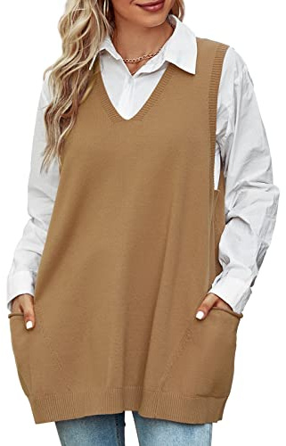 Niwicee Maglione Gilet Donna Scollo a V Pullover Maglione Senza Maniche,Autunnale Invernale Maglioni Oversize Tinta Unita mit Taschino,Cotone Top Smanicato Gilet in Maglia Elegante
