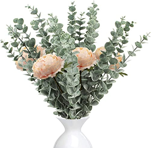 LWAIX Eucalipto Artificiale Foglie di Eucalipto Artificiali 18pcs Steli e 4pcs Fiori Artificiali per Festa di Nozze Giardino Ufficio Decorazione