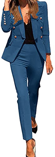Générique Costume Femme 2 Pièces Tailleur Femme Ensembele Pantalon et Veste Blazer Chic et Elegant Couleur Unie Slim Fit Formel Bureau Travail Office Pantalon Habillé Costume (Bleu, S)