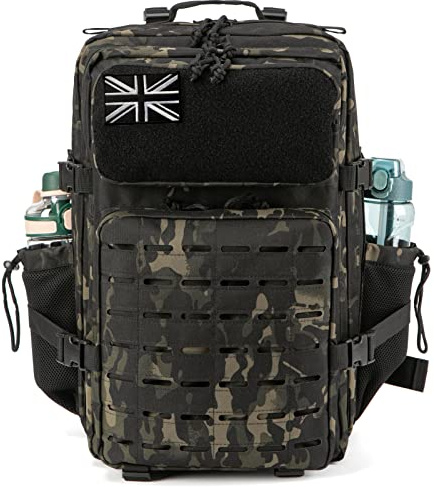 QT&QY Military Tactical Backpacks For Men Army Laser cut Molle Daypack 45L Large 3 Day Bug Out Bag Gym Rucksack With Dual Cup Holders Black Camo