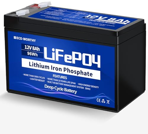 ECO-WORTHY LiFePO4, batteria al litio da 12 V, 8 Ah, con protezione BMS e fino a 15000 cicli profondi per campeggio, impianto solare, camper, pescatore, passeggino, barca, pannello solare