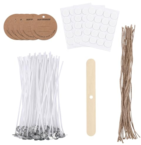 ALLAVA Kerzendocht Set, 60 Stück Kerzendocht 10cm, Dochte für Kerzen, 60 Stück Dochtaufkleber, Kerzen Selber Machen Set, Kerzendochte für Kerzenherstellung Candle DIY