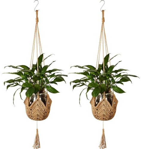 SPANN Lot de 2 paniers de fleurs suspendus en corde de jute macramé avec crochets de suspension pour décoration d'intérieur